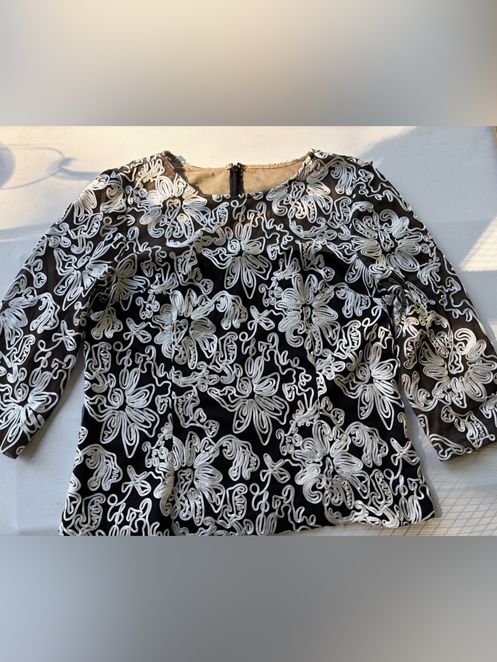 Alex Evenings Womens Large Black White Soutache Embroidered Mesh Evening Top XL